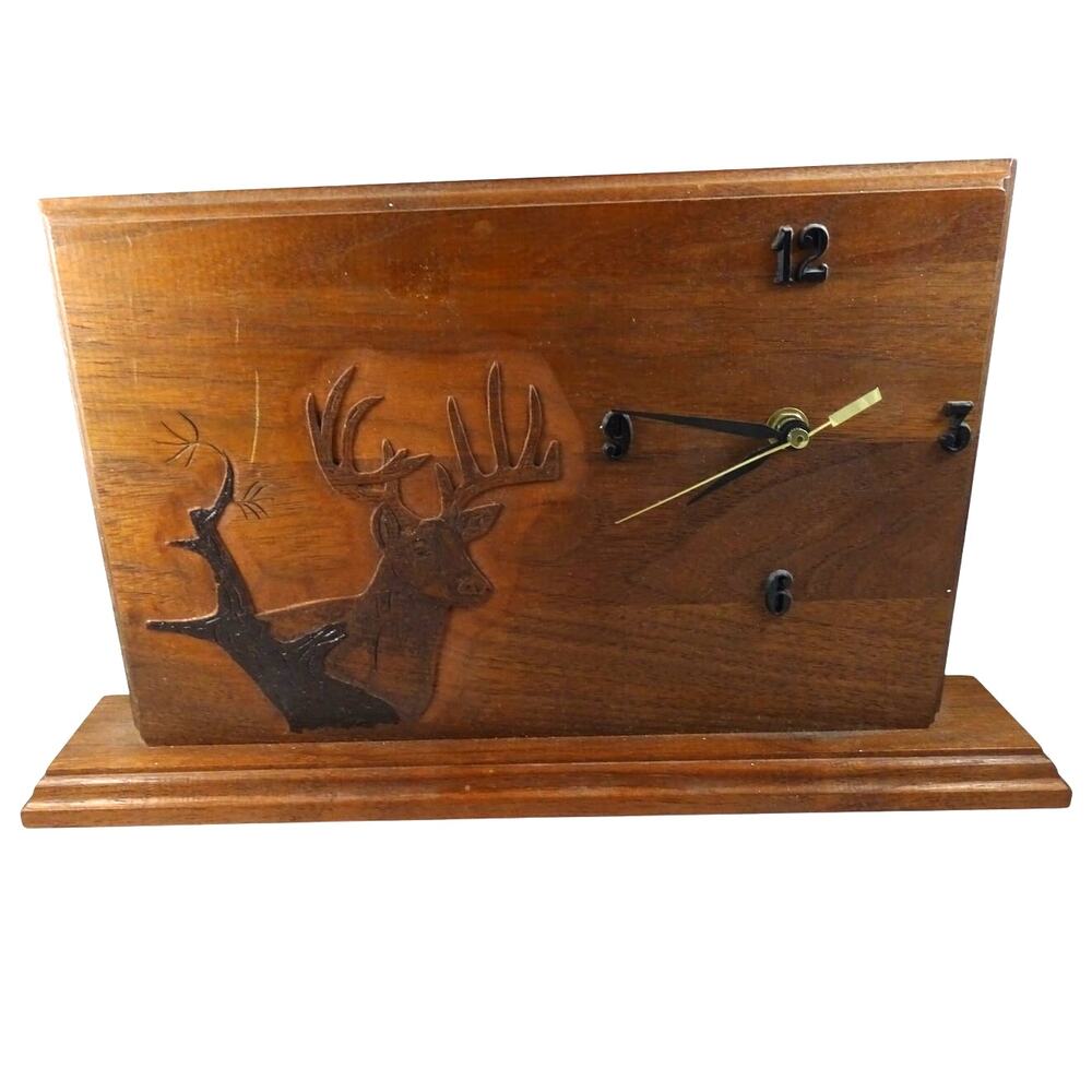 Vintage Hand-Carved Rustic Wood Deer Mantle Clock Lodge Cabin Decor